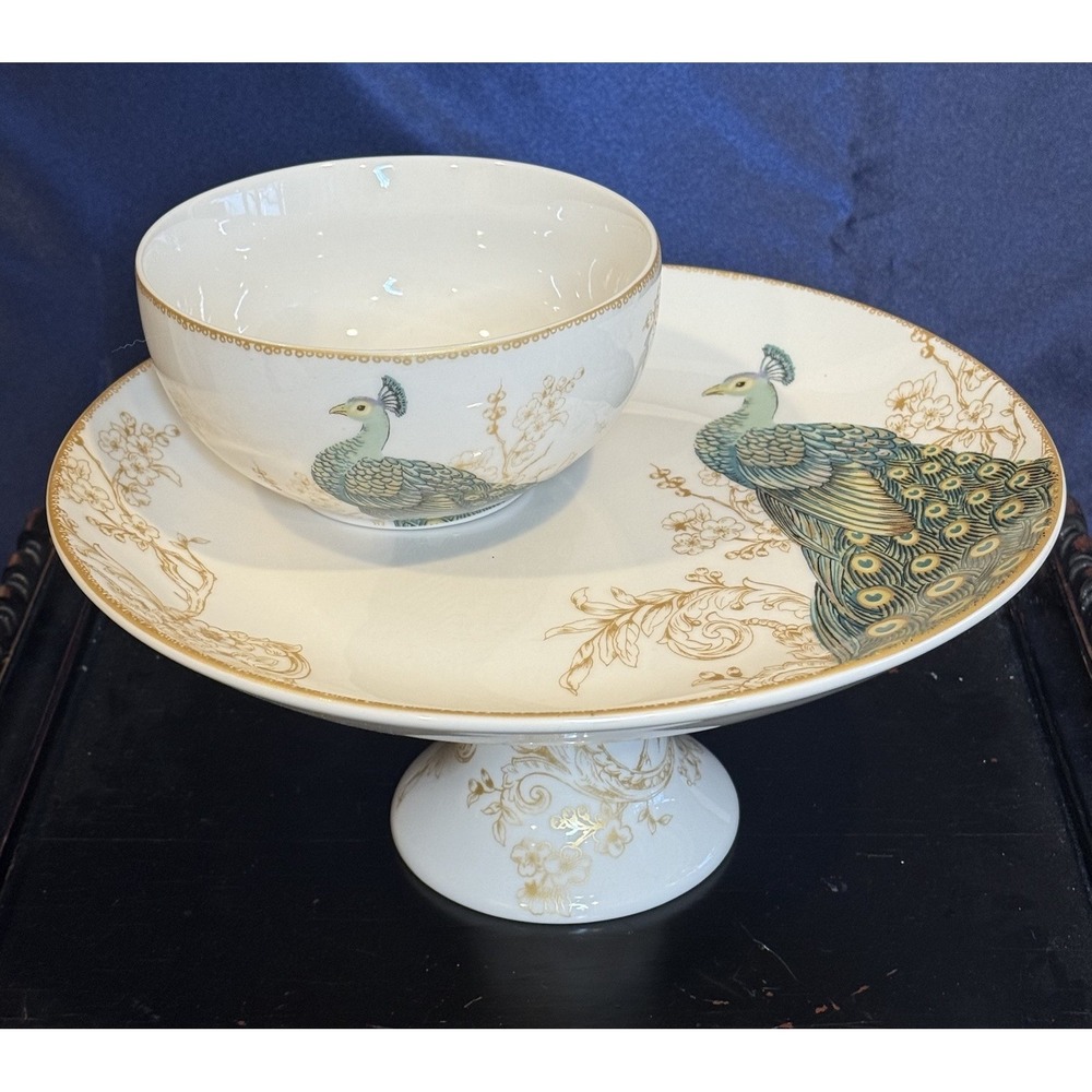 Lot Of 2 Dishes | Fifth Peacock Garden Cake Plate & Bowl Porcelain Fine China
